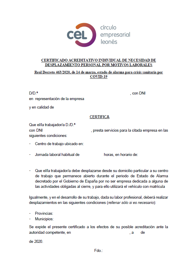 Modelo de certificado acreditativo de necesidad de desplazamiento por motivos laborales